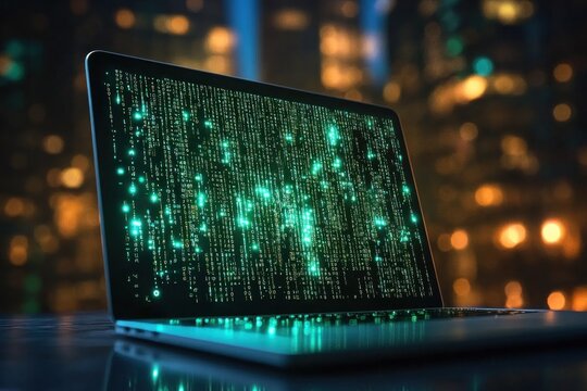 A luminous laptop displays vibrant green binary code, contrasting with a blurred urban backdrop illuminated by city lights at night