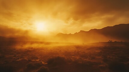 Desert Sunset Dust Storm Golden Hues Landscape