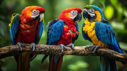 Three vibrant parrots perched on a branch