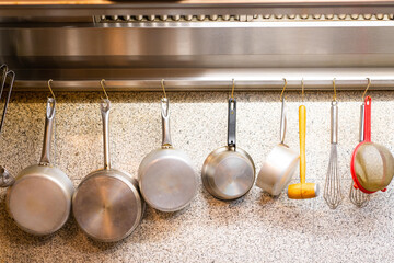 Restaurant kitchen. Pans ready for pizza HoReCa sphere.