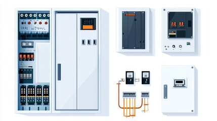 Electrical power switch panel with a door that opens and closes including a fuse box Flatstyle vector illustration on a white background