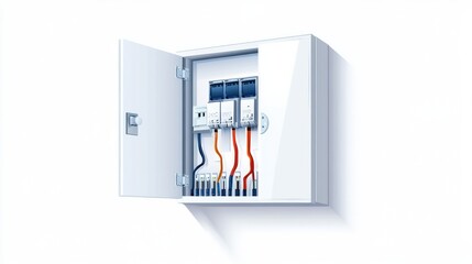 Electrical power switch panel with a door that opens and closes including a fuse box Flatstyle vector illustration on a white background