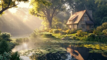 Fototapeta premium Peaceful cottage with a small pond in front, water drops on lily pads, misty morning atmosphere generative ai