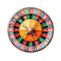 Obraz premium Detailed Watercolor of a Roulette Wheel Featuring Vivid Colors and Faint Currency Elements, Perfect for Casino or Gaming-Themed Projects