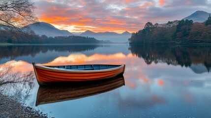 Serene sunset over calm waters with a single boat floating in pastel hues