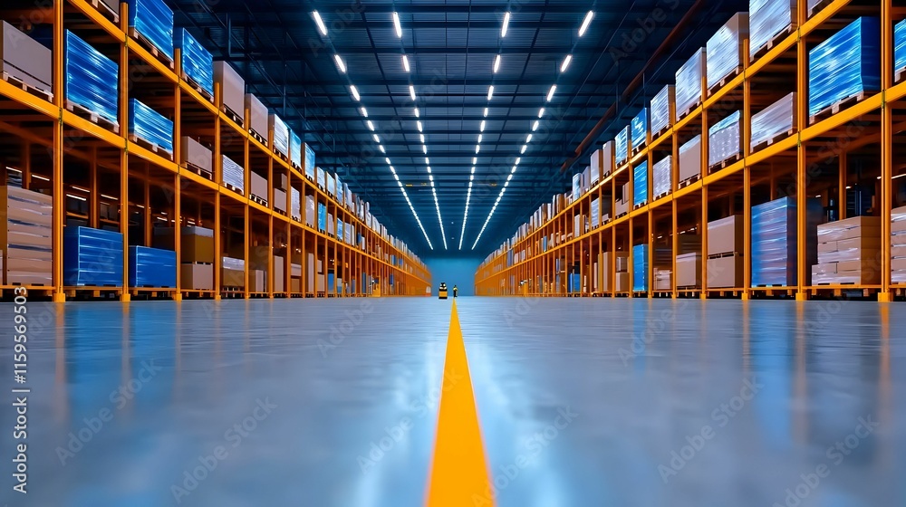 Poster automated robots optimize warehouse efficiency, advanced machines navigate aisles, enhancing order f