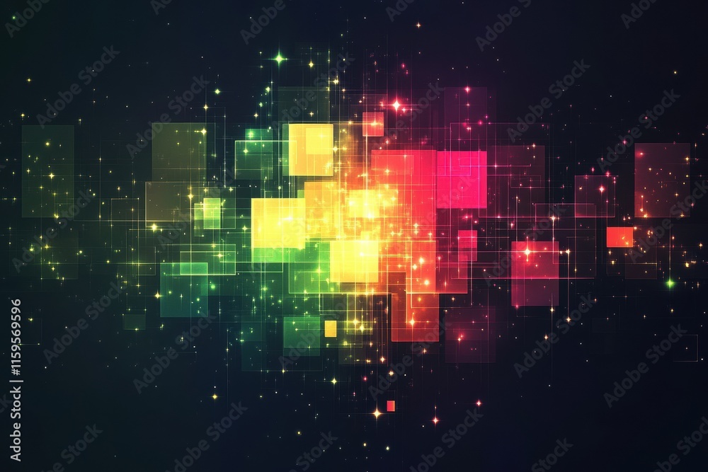 Poster Glowing abstract mosaic of pixelated elements with vibrant colors creating a sense of movement and energy. Generative AI