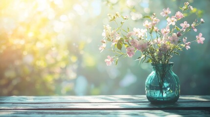 Blooming flowers in a vase on a wooden table