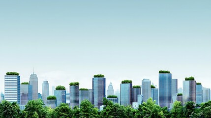 Fototapeta premium A modern city skyline with solar panels on every rooftop, vertical green gardens climbing the sides of buildings, clear blue sky and light clouds, calm and hopeful vibe, sustainability-focused urban