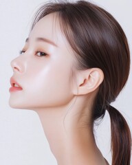 Fototapeta premium Neutral profile view of asian woman studio setting portrait soft lighting minimalist concept