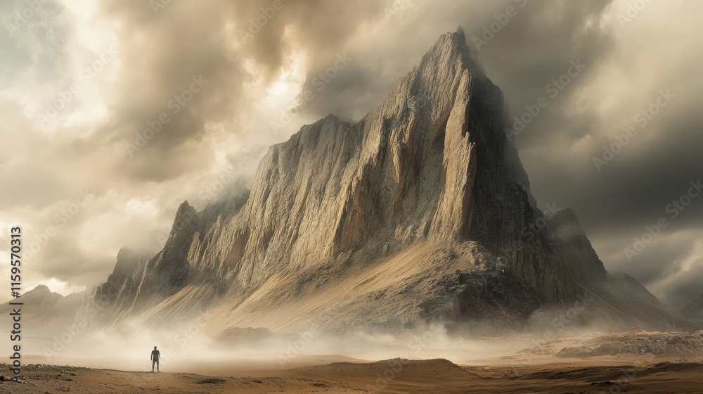 Aufkleber Lonely figure contemplating lifes journey at the base of a towering mountain in a dramatic landscape. Generative AI