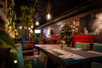Restaurant bar during Christmas time. Christmas decorations restaurant