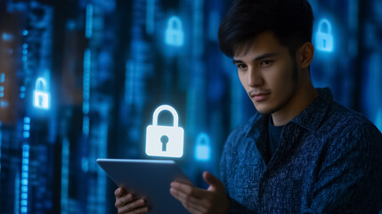 Professional setting: a man holds a tablet displaying a white glowing padlock, personal data...