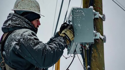 Skilled worker repairs electrical equipment in snowy weather showcasing dedication and expertise in challenging conditions