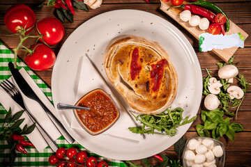 Delicious Pizza Calzone, Italian Pizza Tomatoes Fresh Basil Wooden Background