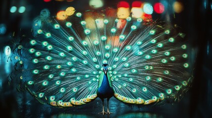 Peacock with holographic patterns on its tail feathers, illuminated by futuristic city lights generative ai