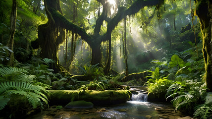 Fototapeta premium A peaceful stream in the jungle, with sunlight breaking
