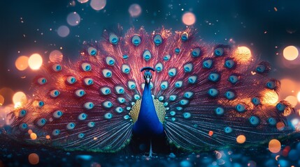 Peacock with holographic patterns on its tail feathers, illuminated by futuristic city lights generative ai