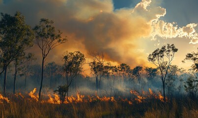 Obraz premium Wildfires consume trees and brush as thick smoke billows into the sky, creating a vivid display of destruction at dusk