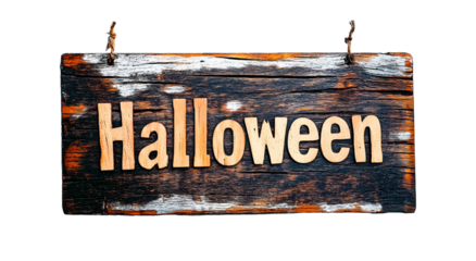 Wood board with the word "Halloween" isolated on transparent background