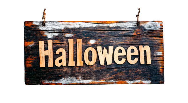 Wood board with the word "Halloween" isolated on transparent background - Powered by Adobe