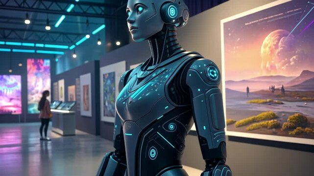 Elegant, humanoid robot with glowing blue accents stands in a contemporary art gallery, observing a large framed artwork depicting an otherworldly landscape with two celestial bodies in the sky