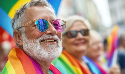 Joyful seniors proudly wearing rainbow attire and sunglasses enjoy a lively pride event, embracing love and acceptance in the community
