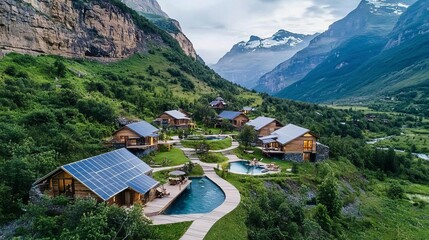 Sustainable tourism travel experience eco-friendly concept. Scenic mountain resort with cabins and a pool surrounded by lush greenery.