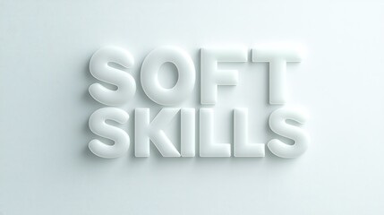 Floating 3D text "SOFT SKILLS" made of frosted glass, positioned on a white background with subtle shadows, clean and futuristic, copy space below