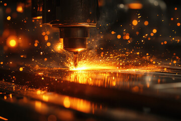 Industrial CNC machine cutting metal with bright sparks, showcasing precision and intense heat.
