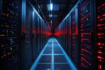 A data center illuminated by colorful lights, highlighting server racks and the activity within, indicating a cybersecurity breach investigation