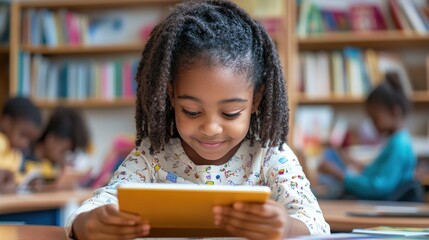 A young girl with curly hair smiles while using a tablet in a classroom filled with books and other children engaged in learning.