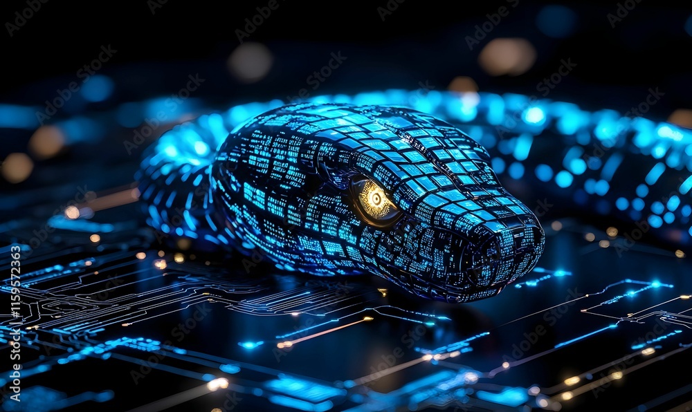 Poster digital snake representing python automation, intricately designed, vibrant colors, showcasing techn