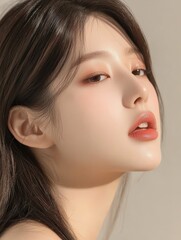 Fototapeta premium Elegant asian profile view with glowing skin in soft shadow studio portrait minimalist environment