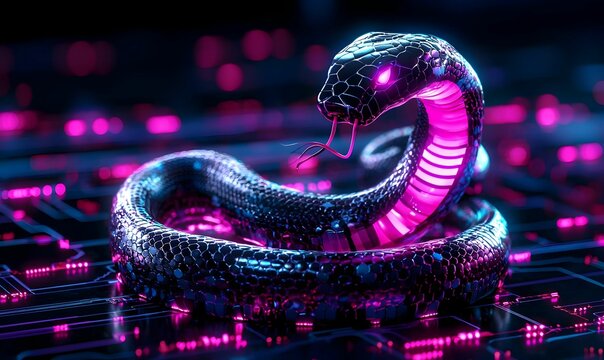 Digital snake representing Python automation, vibrant colors, intricate patterns, symbolizing efficiency in programming and technology.