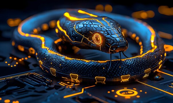Digital serpent representing Python automation, intertwined with code elements, symbolizing technology's evolution and efficiency in programming.