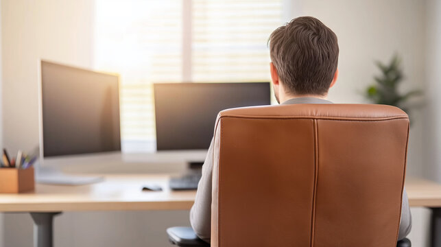Professional working remotely, seated on ergonomic chair beside standing desk with dual monitors in minimalist home workspace