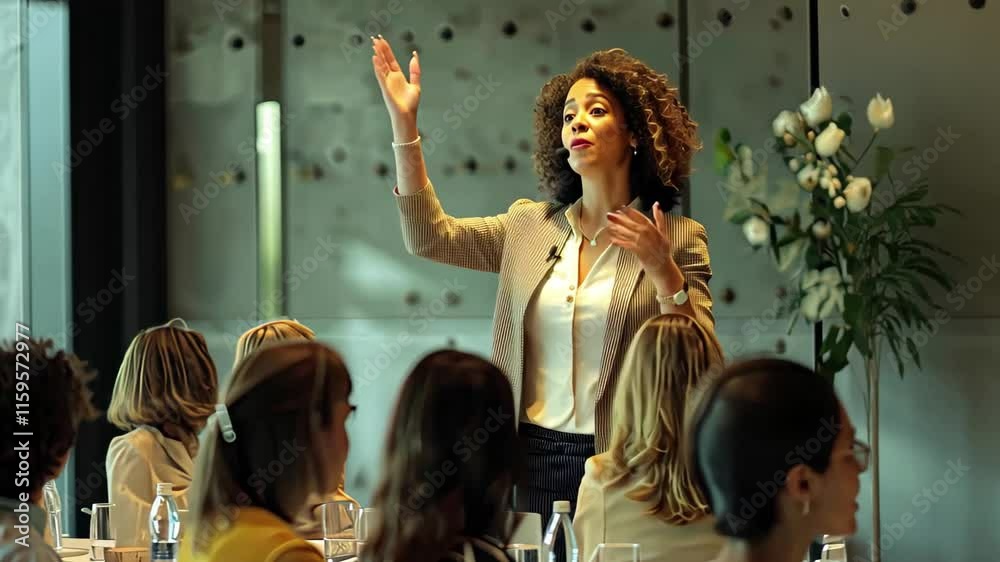 Aufkleber Engaging presentation by a dynamic speaker in a modern conference setting with an attentive audience