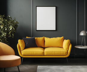 Blank frame mockup in dark interior room with bright yellow furniture 
