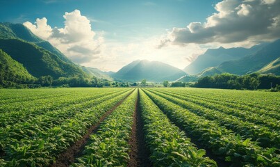 Fototapeta premium Expansive green fields exhibit innovative farming techniques surrounded by majestic mountains under a bright blue sky