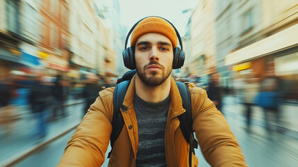 Young man wearing headphones and an orange beanie, riding a bicycle through a bustling city, surrounded by motion blur and urban energy