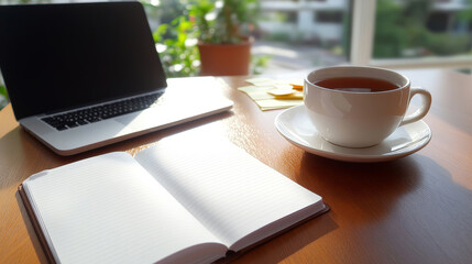 Sunlight illuminates a workspace consisting of an open notebook, a laptop, a teacup, and sticky notes, ideal for a focused work session