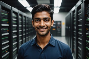 Fototapeta premium Close portrait of a smiling young Indian male IT worker looking at the camera, against dark server room blurred background.