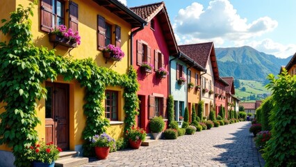 Fototapeta premium A charming street lined with colorful houses, adorned with window boxes and potted plants, leads towards a distant mountain landscape. Concept of quaint village and scenic beauty.