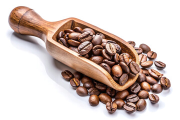 Obraz premium coffee beans in wooden scoop isolated on white