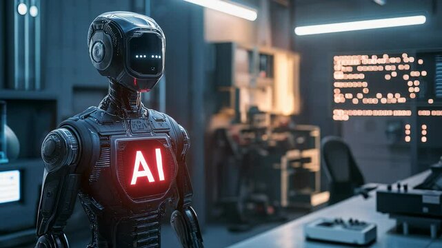 A futuristic robot with the text AI illuminated on its chest, standing in a high-tech workshop, illustrating the capabilities and functionalities of intelligent machines