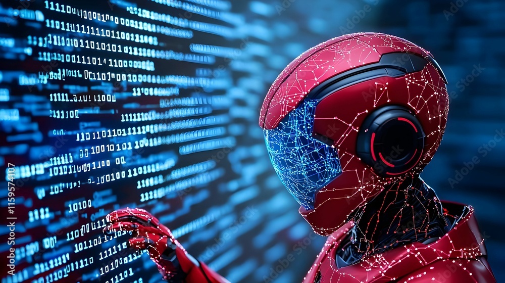 Poster humanoid robot analyzing complex code, a futuristic humanoid robot intently examining intricate digi