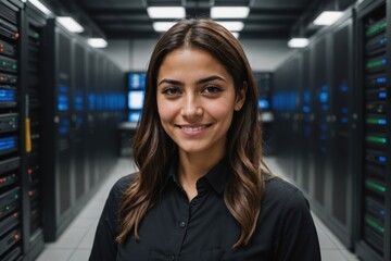 Close portrait of a smiling young Iraqi female IT worker looking at the camera, against dark server room blurred background.