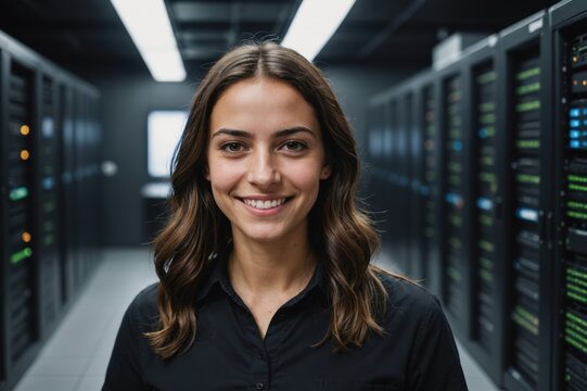 Close portrait of a smiling young Israeli female IT worker looking at the camera, against dark server room blurred background.