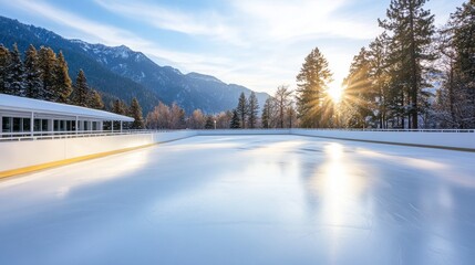 Scenic view of an empty ice rink reflecting the golden light of the setting sun, nestled in a snowy mountain landscape